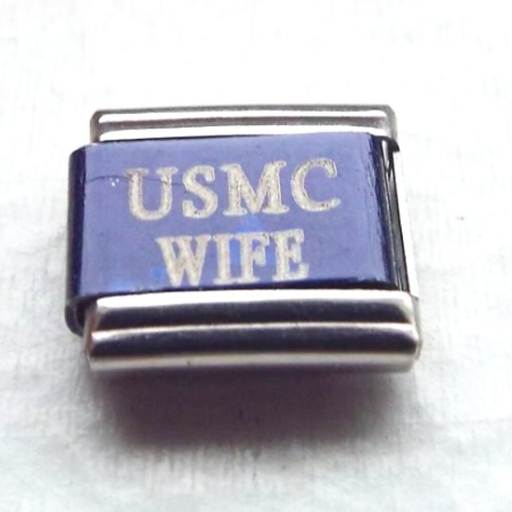 USMC Wife on blue laser 9mm stainless steel italian charm bracelet link new